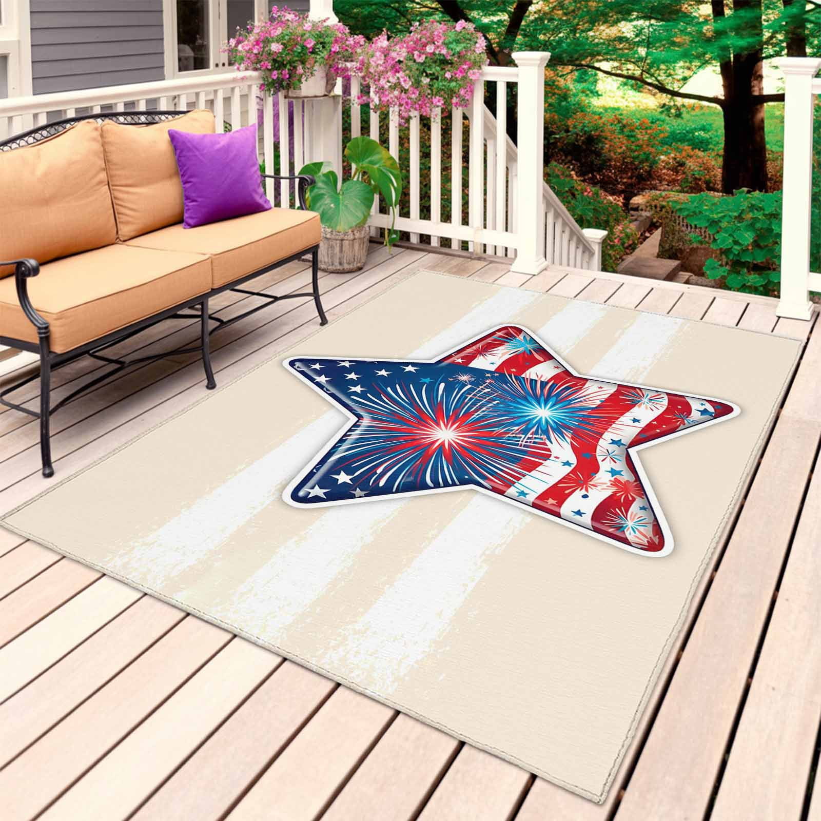 Patriotic USA Flag Outdoor Rug 3x5 Ft, Non Slip Washable Area Rug, Independence Day Firework Cream Striped Patio Rugs Carpet Runner, Large Floor Mat for Indoor/Outdoor Deck Porch Camping