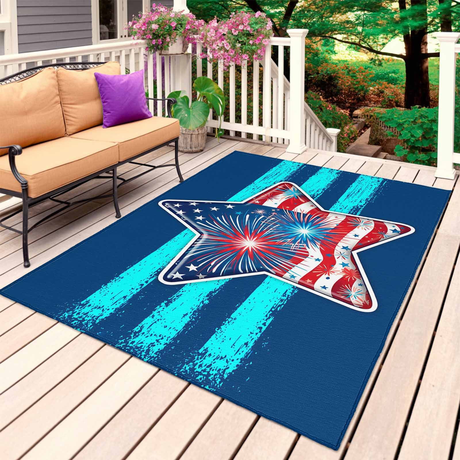 Patriotic USA Flag Outdoor Rug 5x7 Ft, Non Slip Washable Area Rug, Independence Day Firework Blue Striped Patio Rugs Carpet Runner, Large Floor Mat for Indoor/Outdoor Deck Porch Camping
