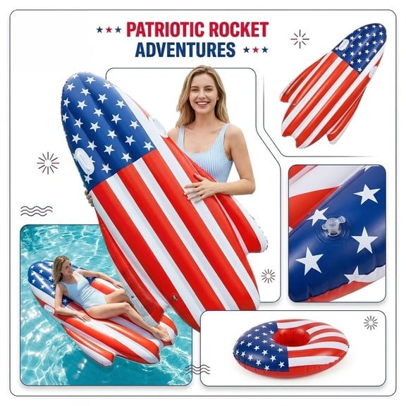 Patriotic USA Flag Rocket Pool Float, Inflatable Ride‑On Water Lounge with American Star‑Stripes Design, Summer Beach Float for Adults Family Party,78.7 in.