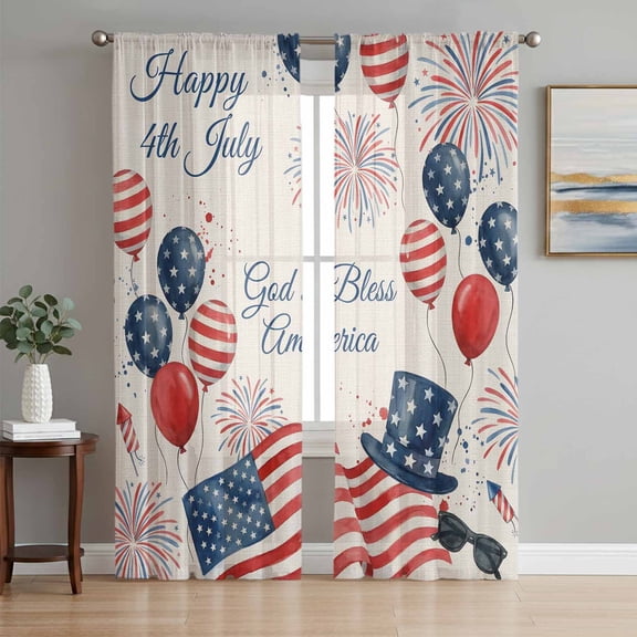 Patriotic USA Flag Sheer Curtains 63 Inch Length 2 Panels Set, God Bless America Freedom Independence Voile Window Treatment Curtains Sheers Drapes for Bedroom/Living Room/Kitchen 52x"63"x2