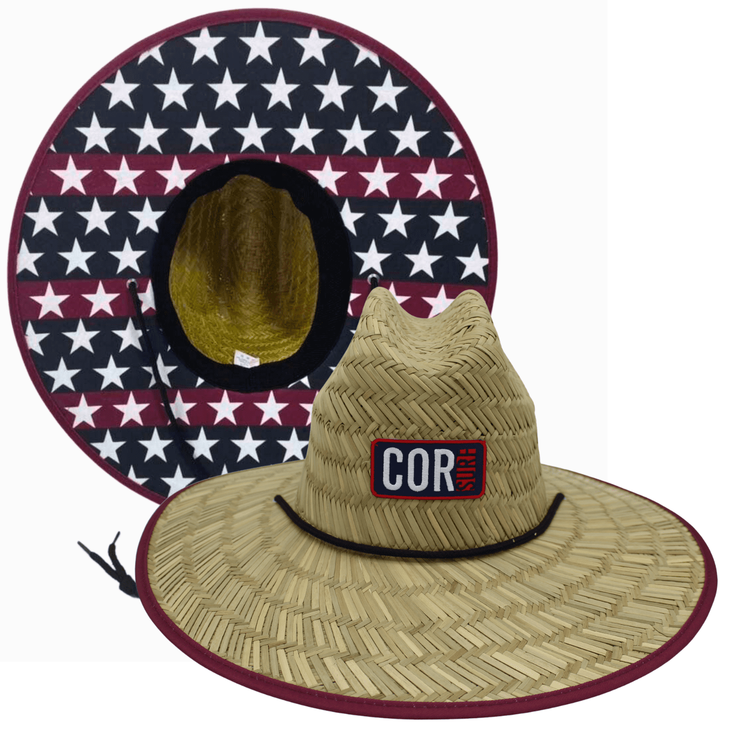 Straw Beach Hat - UPF 50+ Cotton Patriotic Under Brim Lifeguard with Drawstring- Large