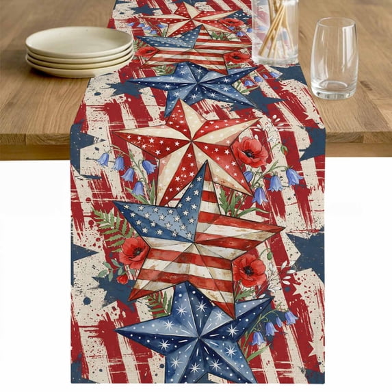 Patriotic USA Flag Table Runner - 70 Inch Long Texas Star Botanical Leaves Red Striped Cotton and Linen Blended Dress Scarves Farmhouse Table Runner for Kitchen Dining, Coffee Table, 13" x 70"