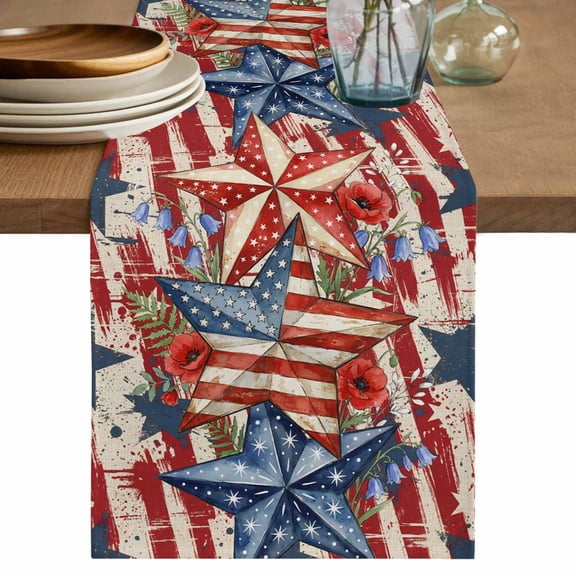 Patriotic USA Flag Table Runner 72 Inches, Texas Star Botanical Leaves Red Striped Bed Runner Dresser Scarves Tabletop for Indoor Outdoor Parties/Ceremony/Banquet, 16" x 72"