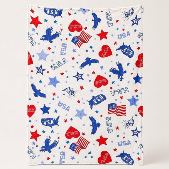 Patriotic USA Red White Blue Flag Eagle Stars Fleece Throw Blanket, Soft 280 GSM Polyester, Patriotic Home Decor Gift