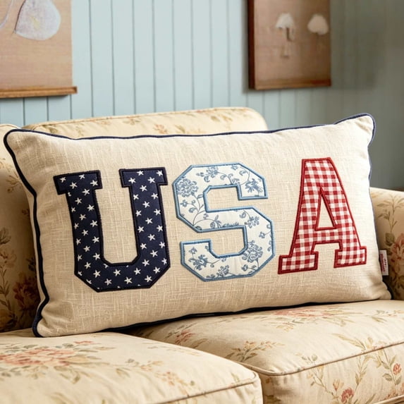 Patriotic USA Lettering Lumbar Pillow, 15x9 Inch Embroidered Independence Day Decorative Throw Pillow, Rustic Farmhouse July 4th Stars and Stripes Cushion for Couch Sofa
