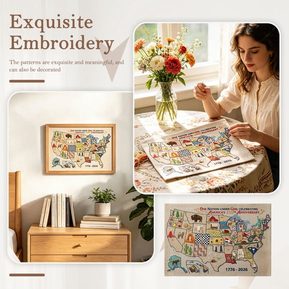 Patriotic USA Map Cross Stitch Kit, US 250th Anniversary DIY Embroidery Set, Complete Needlepoint America Map Wall Art, Commemorative Gift for Crafters & Home Decor