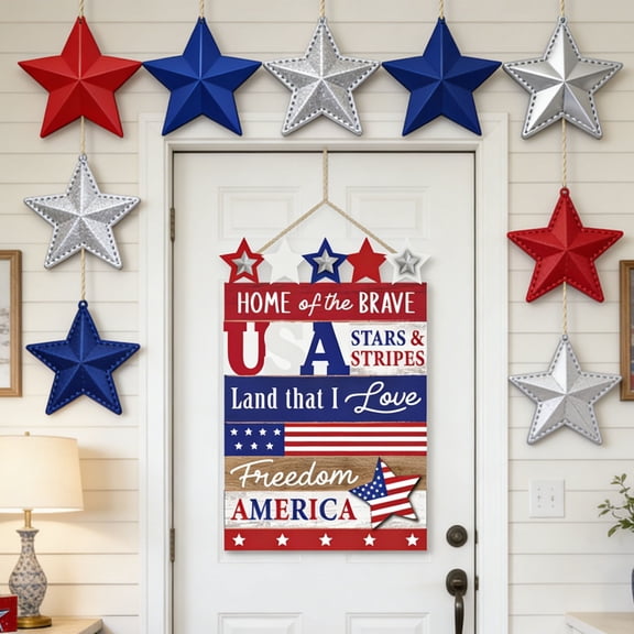 Patriotic USA Wooden Wall Sign, Home of the Brave Independence America Decorative Tablet, 4th of July Memorial Day Home Decor, 15x10 Inch