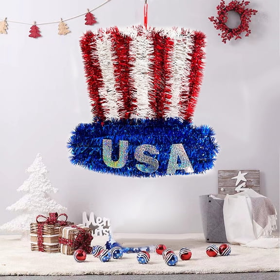 Patriotic Uncle Sam Hat Ornament Wreath,Red White Blue Tinsel Top Hat Wall Hanging with USA Letter,Independence Day American Flag Themed Decoration for Door,Wall,Window,11 Inch