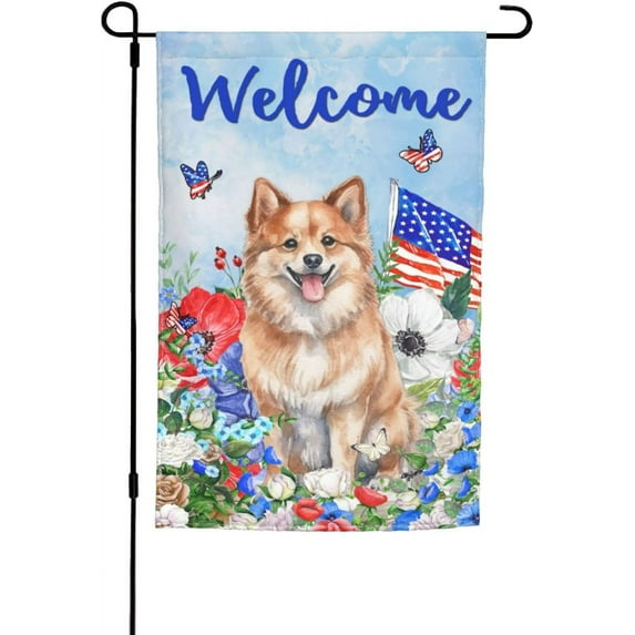 Patriotic Usa Flag Welcome Corgi Summer Puppy Dog Butterfly Beautiful Geraniums Flowers Garden Flag Double Sided Vertical Decoration Yard Small Flag For Outside Holiday Seasonal Outdoor