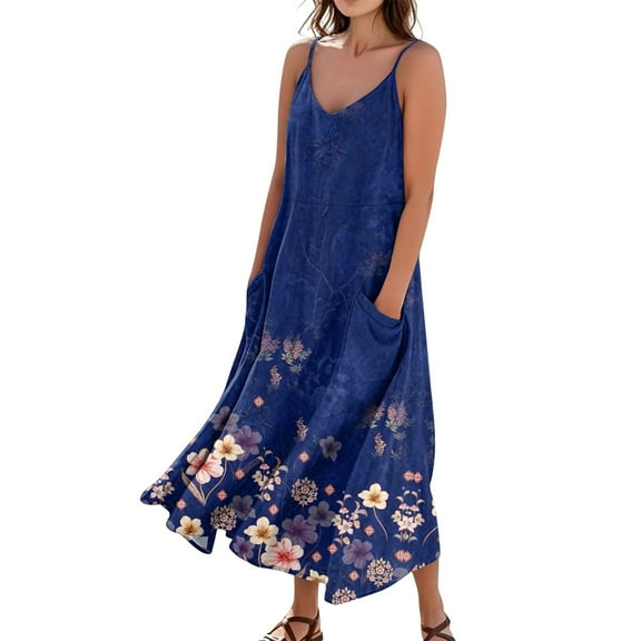 Patriotic V-Neck Sleeveless Maxi Dress Independence Day Themed Floral Print Summer Beach Dress with Elastic Waist for BBQ Parties,Blue 2XL