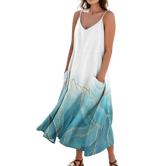 Patriotic V-Neck Sleeveless Maxi Dress Independence Day Themed Floral Print Summer Beach Dress with Elastic Waist for BBQ Parties,Cyan XL