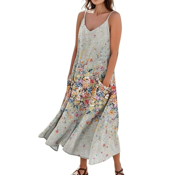 Patriotic V-Neck Sleeveless Maxi Dress Independence Day Themed Floral Print Summer Beach Dress with Elastic Waist for BBQ Parties,Khaki XL