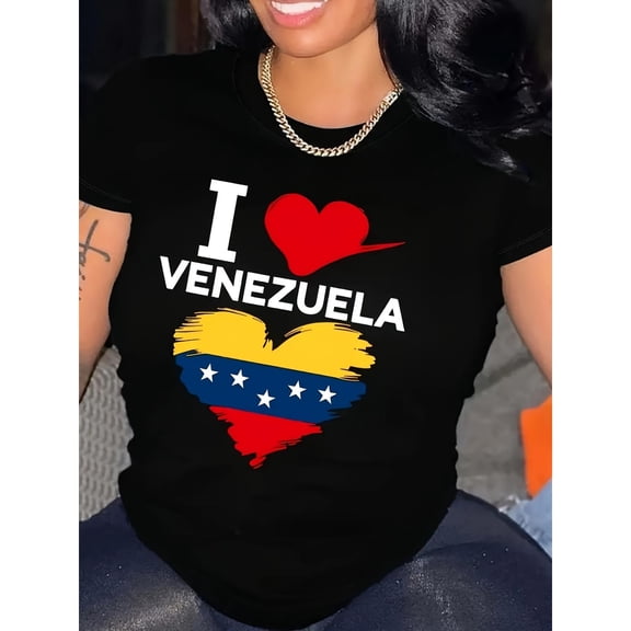 Patriotic Venezuela - Themed Graphic Tee,Tops Has "I ❤️ VENEZUELA" Text with Venezuelan Flag Heart Design, Round Neck Regular Fit T - shirts, Size(S - 5XL)
