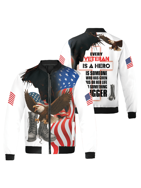 Patriotic Veteran Hero Bomber Jacket – Eagle American Flag, Honoring Veterans Outerwear Jacket