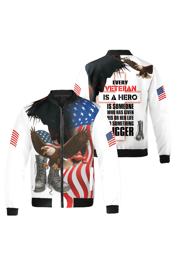 Patriotic Veteran Hero Bomber Jacket – Eagle American Flag, Honoring Veterans Outerwear Jacket