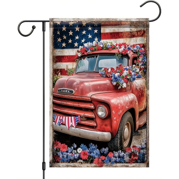 Patriotic Vintage Truck Garden Flag 4th of July Floral Flag America 12x18 Inch Double Sided for Outside Small Independence Day Yard Decorations
