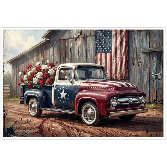 Patriotic Vintage Truck Wall Art Rustic Farmhouse American Flag Canvas Art
