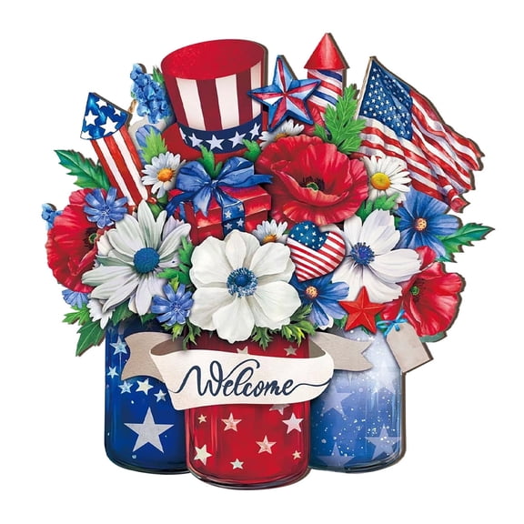Patriotic Welcome Sign USA Decoration for Home Patriotic Porch Decor 4th of July Memorial Day Wall Décor Wooden Porch Sign Flag Wreath Outdoor Hanging Sign Design 2