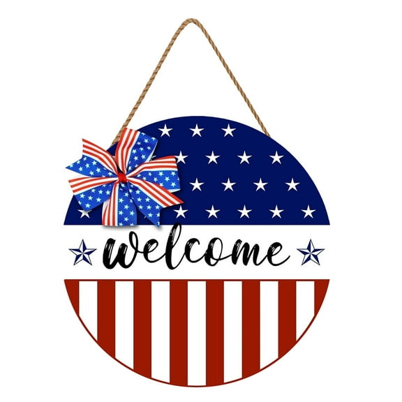 Patriotic Welcome Sign USA Decoration for Home Patriotic Porch Decor 4th of July Memorial Day Wall Décor Wooden Porch Sign Flag Wreath Outdoor Hanging Sign Design 3