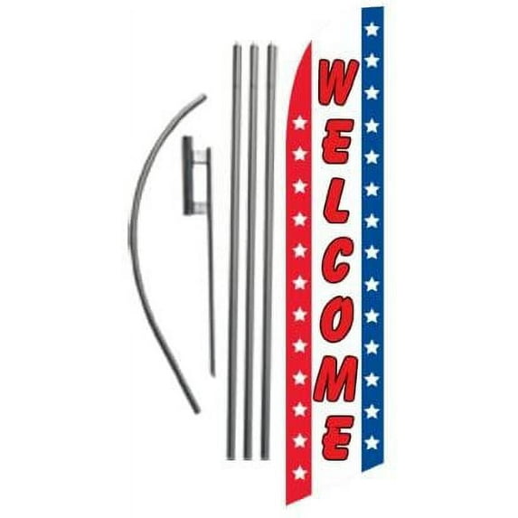 Patriotic Welcome Advertising Feather Banner Swooper Flag Sign with Flag Pole Kit and Ground Stake