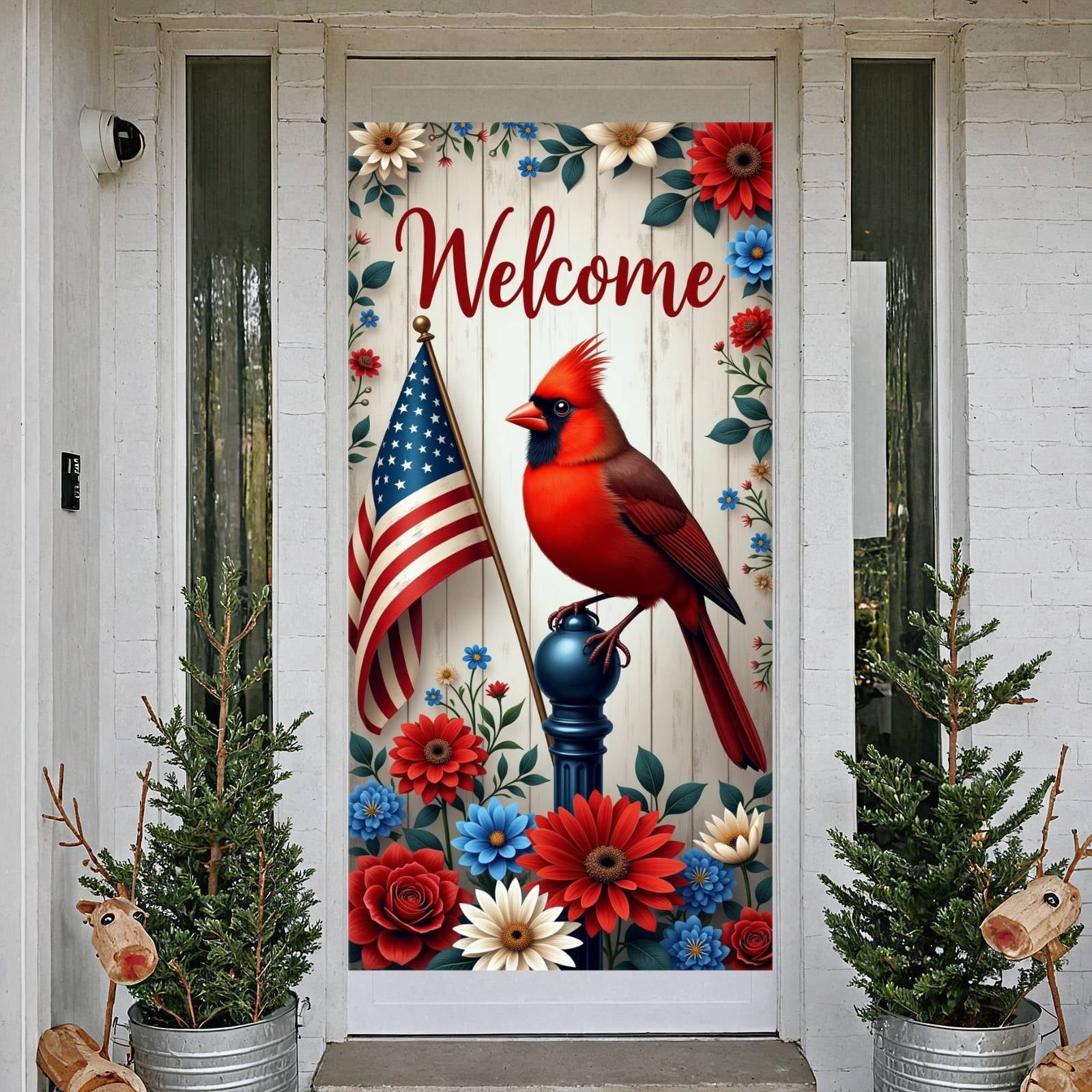 Cardinal Backdrop Patriotic Welcome Banner Red Cardinal Backdrop American Flag Floral ...