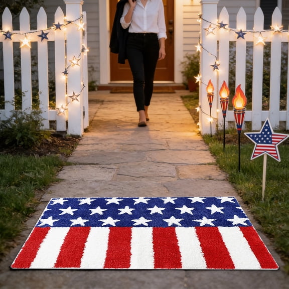 Patriotic Welcome Doormat, Flag Doormat For 4th Of July Decor, Slide Resistant Rubber Backing Doormat For Front Door, Indoor Outdoor Rug With Heart Design In Vintage Blue For Home