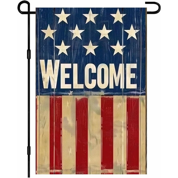 Patriotic Welcome Garden Flag 12x18 Inch Retro Distressed Wood Plank USA Stars Stripes Double Sided Small American Yard Flag Seasonal Outdoor Decoration for Outside Home Front Door Lawn Porch Patio 4
