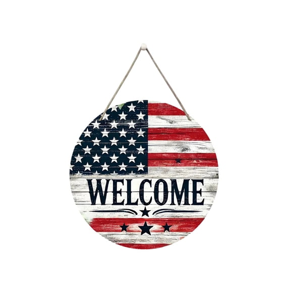 Patriotic Welcome Wood Sign, Round American Flag Wall Decor with Vintage Distressed Finish, USA Hanging Plaque for Front Door Porch Entryway, 4th of July Independence Day Decoration