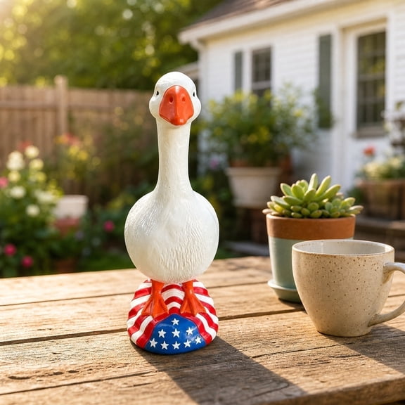 Patriotic White Goose Statue – Resin Garden Decor with American Flag Base for 4th of July, Memorial Day & Outdoor Yard Display 7in