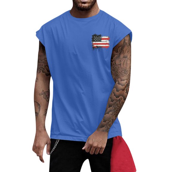 Patriotic Wide Shoulder Fitness Vest - Men's Slimming Printed Waistcoat - Perfect for Gym, Cycling, or Independence Day Themed Workouts,Blue M