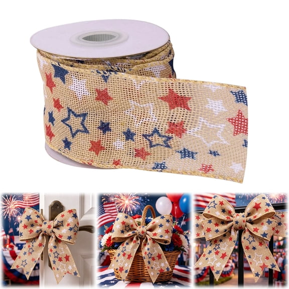 Patriotic Wired Burlap Ribbon 5 Yards Per Roll, 4th Of July Red White Blue Stripe Plaid Ribbon, Independence Day Memorial Day Wreath Bow Crafts Decor Ribbon