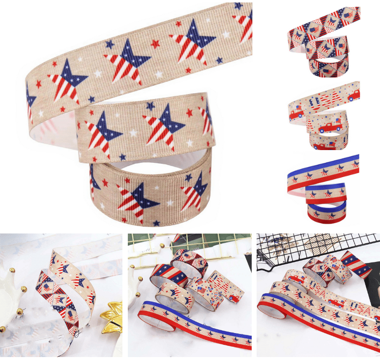 Patriotic Wired Edge Ribbon 14.76ft Retro American Flag Fabric Ribbon 0 ...
