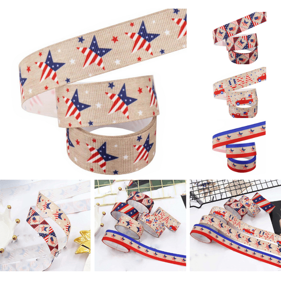 Patriotic Wired Edge Ribbon 14.76ft Retro American Flag Fabric Ribbon 0.86 Inch 4th of July Star Stripe Wrapping Ribbons for 250th Anniversary Independence Day Wreath Bow DIY Crafts - (B)