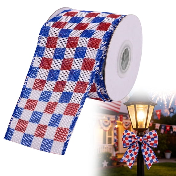 Patriotic Wired Ribbon, 2.48 Inch x 5 Yards Total, Red White Blue Star, Stripe & Plaid 4th of July Ribbon, Independence Day and America Anniversary Ribbon for Wreaths, Bows, Gift, DIY Crafts