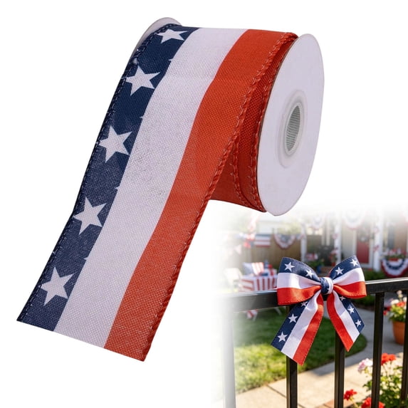 Patriotic Wired Ribbon 2.5 Inch x 5 Yards American Flag Stars Stripes Plaid Jute Burlap Ribbon Roll for 4th of July Independence Day Handmade Wreaths Bows Crafts 1 Roll(B)