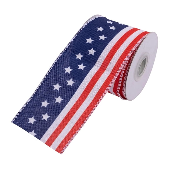 Patriotic Wired Ribbon 2.5 Inch x 5 Yards American Flag Stars Stripes Plaid Jute Burlap Ribbon Roll for 4th of July Independence Day Handmade Wreaths Bows Crafts 1 Roll(A)