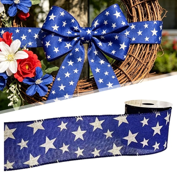 Patriotic Wired Ribbon 2.5 inch x 3 Yards, Navy Blue with White Star Cluster Burlap Ribbon, independence Day Wired Edge Ribbon for 4th of July Wreaths, Bows, Floral Arrangements & Home Decor
