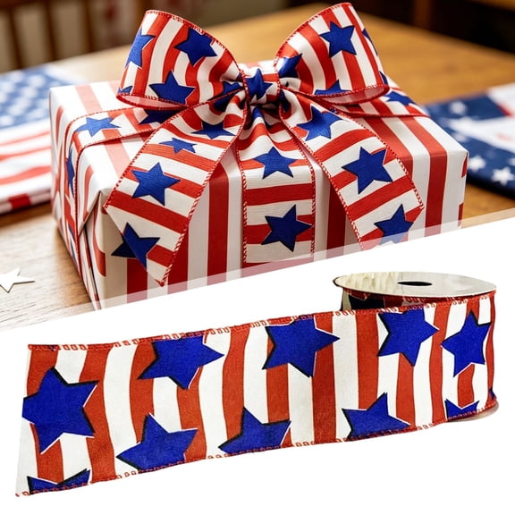 Patriotic Wired Ribbon 2.5 inch x 3 Yards, Red White Stripe with Blue Star Print Burlap Ribbon, independence Day Wired Edge Ribbon for 4th of July Wreaths, Bows, Gift Wrapping & DIY Crafts