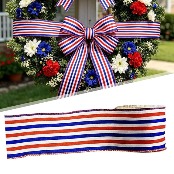 Patriotic Wired Ribbon, 4th of July Red White Blue Stars Anniversary Flag Patriotic Edge Ribbons for Independence Memorial Veterans Day Bows DIY Wreath Crafts, Style D, 2.5 Inch x 5 Yards