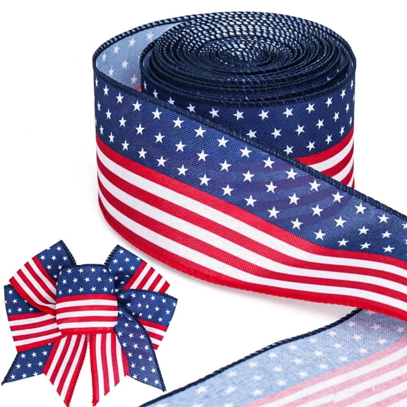 Patriotic Wired Ribbon for Wreaths ,Red White Blue Striped Burlap Fabric with Stars,Thick Plaid Ribbon for 4th of July Decorations and Patriotic Bows