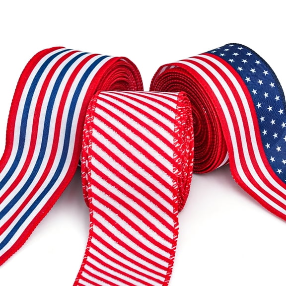 Patriotic Wired Ribbon for Wreaths ,Red White Blue Striped Burlap Fabric with Stars,Thick Plaid Ribbon for 4th of July Decorations and Patriotic Bows