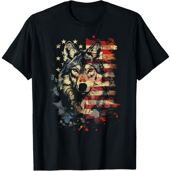 Patriotic Wolf American Flag USA Wolf Lover Vintage T-Shirt Tops Tee