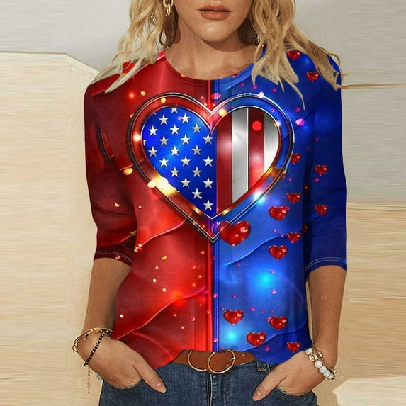 Patriotic Womens T Shirt Womens Memorial Day Shirt American Flag Tee Shirts for Women Fourth of July T Shirts Ladies Independence Day Printed Round Neck 3/4 Sleeve T-Shirt Loose Tops