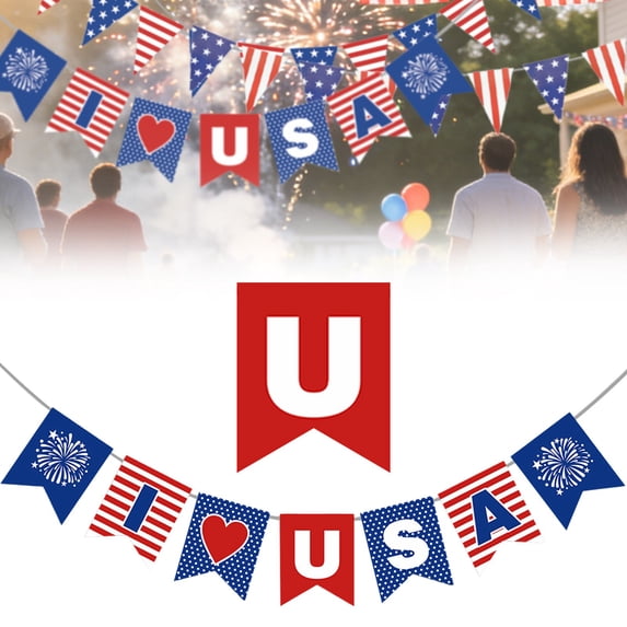 Patriotic Wood Bead Garland with Felt Pennant Flags,Red White Blue Independence Day Banner for Memorial Day Party Decor,Veteran Day Wall Mantel Hanging Ornament,1 Count(E)