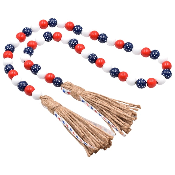 Patriotic Wood Bead Garland with Jute Rope Tassel, Red White Blue Rustic Farmhouse Hanging Beads for Independence Day Mantle Vase Tray Decor, 1 String of Ornaments