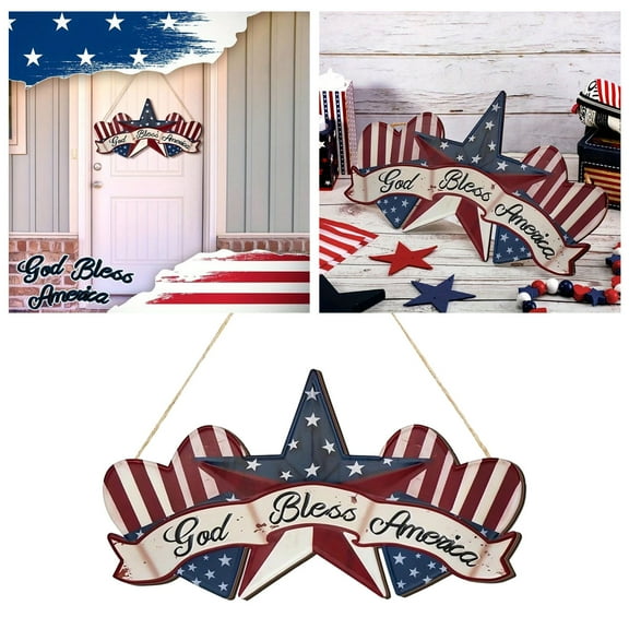 Patriotic Wooden Door Sign - 4th of July & Memorial Day Decor, Red White Blue American Flag Wreath Door Hanger, Welcome Sign for Front Porch, Wall & Outdoor Independence Day Home Decorations