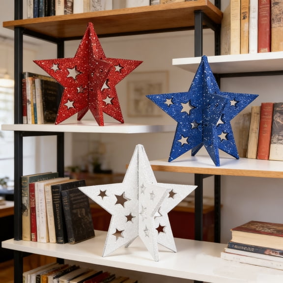 Patriotic Wooden Five Point Star Decor 6In Interlock Dynamic Design Stable Flat Placement Classic Hue Scheme Ornament for Tabletop Centerpiece Mantel Shelf 4th Of July Patriotic Home Decor