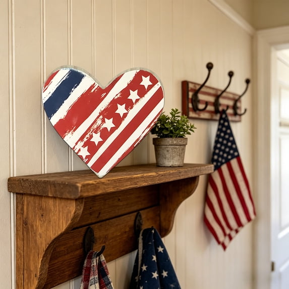 Patriotic Wooden Heart Decor, American Heart Table Centerpiece for 4th of July, Red White Blue Wood Crafts for Tiered Tray Shelf Sitter, Solid Wood Holiday Home Decoration
