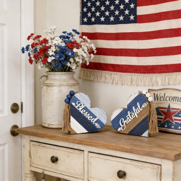 Patriotic Wooden Heart Decor Set of 2 for 4th of July, Red White Blue Rustic Farmhouse Table Centerpiece with Tassels and Beads, Independence Day Home USA Sign Decorations for Mantel Shelf Desk