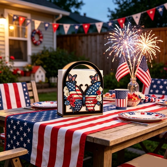 Patriotic Wooden Napkin Holder, Red White Blue 4th of July Table Decor Independence Day Tissue Organizer